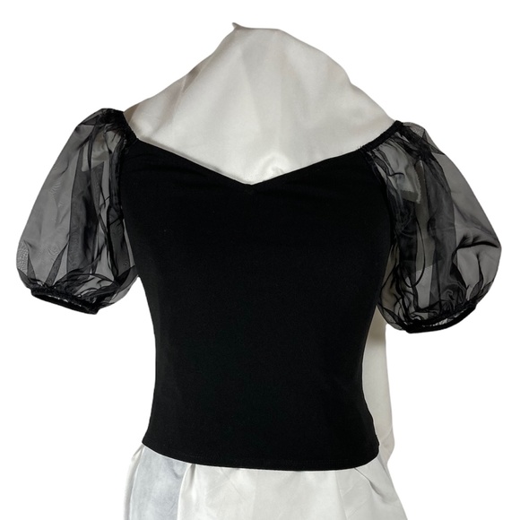 NWOT EXPRESS Feminine Black Off Shoulder Sheer Puff Sleeve Blouse XS Stretch Top - Picture 2 of 16
